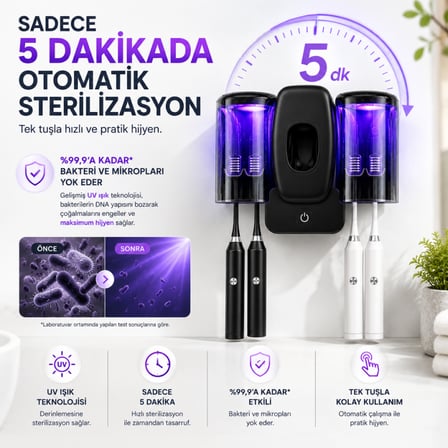UV Sterilizasyonlu Diş Fırçası Tutucu, Otomatik Diş Macunu Dispenseri, 4 Fırça Kapasiteli, 1200mAh Şarjlı, Duvara Monte Beyaz