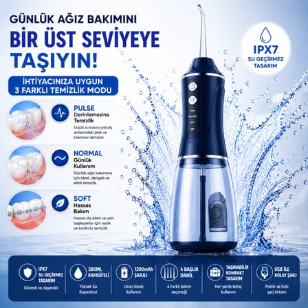 Coofbe Şarjlı Ağız Duşu Oral İrrigatör, 380 ML, IPX7 Su Geçirmez, 3 Temizleme Modu, 4 Başlıklı Taşınabilir Diş Temizleme Cihazı Siyah