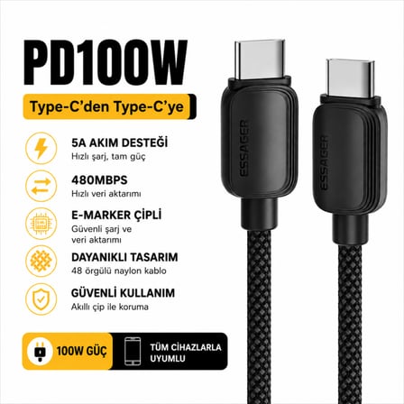 ESSAGER 1 Metre 100W PD Type-C to Type-C Hızlı Şarj ve Data Kablosu 5A E-Marker Çipli 480Mbps Örgülü