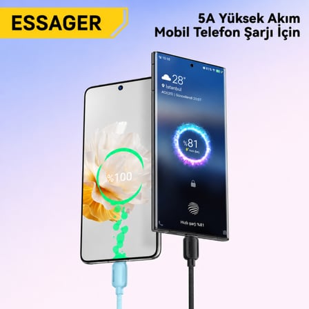 ESSAGER 1 Metre 100W PD Type-C to Type-C Hızlı Şarj ve Data Kablosu 5A E-Marker Çipli 480Mbps Örgülü