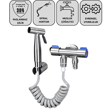 Coofbe Paslanmaz Çelik Sprial Hortum Tuvalet Musluk Seti Taharet Musluğu El Tuvalet Sprey Tabancası