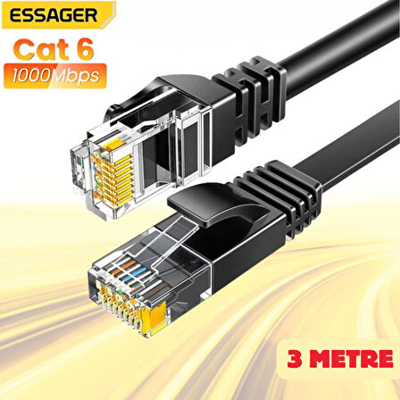 Essager 3Metre 1000Mbps Cat6 Ethernet Kablosu Premium RJ45 Konnektör Altın Kaplama Uçlu İnternet Kablosu