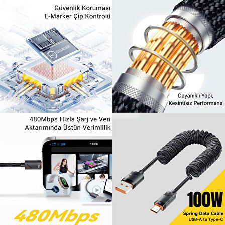 Essager 1.2 Mt E-Marker Çip Sprial Kablo 100W USB-A to USB-C Şarj Kablosu Pd100W Type C Şarj Kablosu