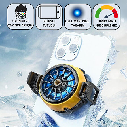 Coofbe 5500 RPM Turbo Fan Işıklı Klipsli Buz Etkili Telefon Soğutucu Radyatör Tüm Telefonlara Uyumlu