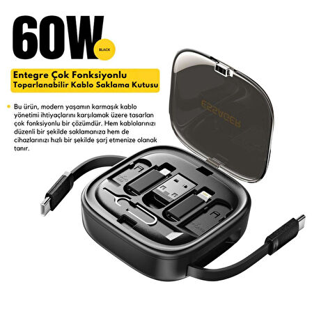 Essager 7in1 Makaralı 60W Type-C Şarj Kablosu Ve Type-C to Usb Lightning Dönüştürücü Seyahat Şarj Kablosu