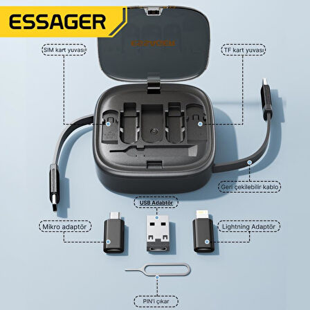 Essager 7in1 Makaralı 60W Type-C Şarj Kablosu Ve Type-C to Usb Lightning Dönüştürücü Seyahat Şarj Kablosu