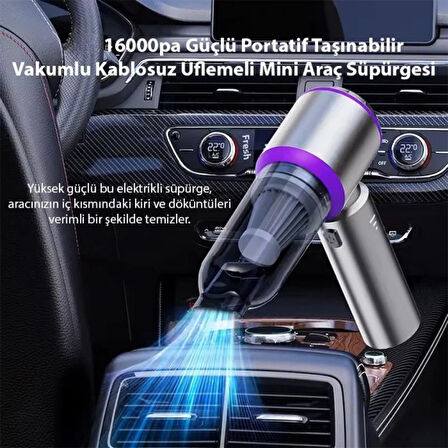 Coofbe Profesyonel Güçlü Vakumlu 100W 16000pa Araç Süpürgesi 6000mAh Uzun Şarjı  El Araç Oto Süpürgesi 