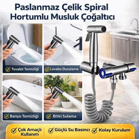 Coofbe Paslanmaz Çelik Sprial Hortum Taharet Musluğu Çoğaltıcı Sprey Tabanca Klozet & Banyo Temizleme Seti