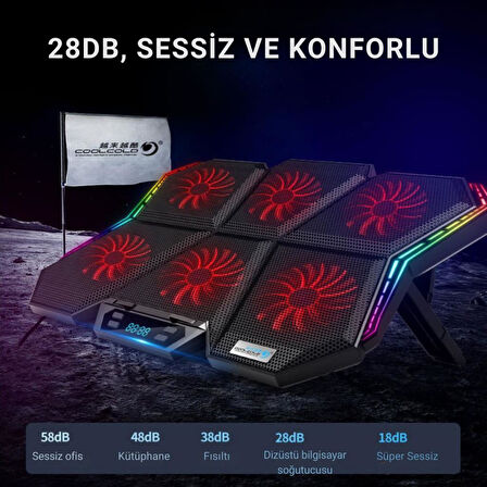 Coofbe Led Işıklı Ayarlanabilir 7 Kademeli Stand 6 Fanlı Göstergeli Notebook Laptop Soğutucu Turbo Fan