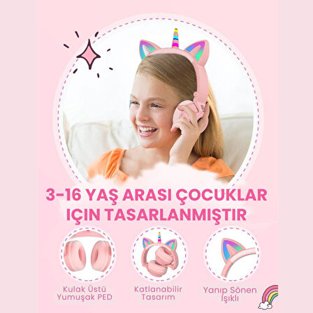 Coofbe Unicorn 94dB Güvenli Ses Kontrollü Yumuşak Kulak pedli Bluetooth Kulaklık Bluetooth Çocuk Kulaklığı 