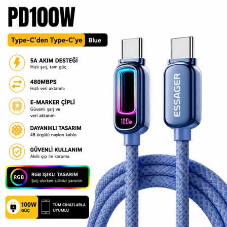 ESSAGER 2 Metre 100W Type-C to Type-C PD Hızlı Şarj Kablosu 5A E-Marker RGB Işıklı 480Mbps Örgülü