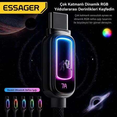 ESSAGER 2 Metre 100W Type-C to Type-C PD Hızlı Şarj Kablosu 5A E-Marker RGB Işıklı 480Mbps Örgülü