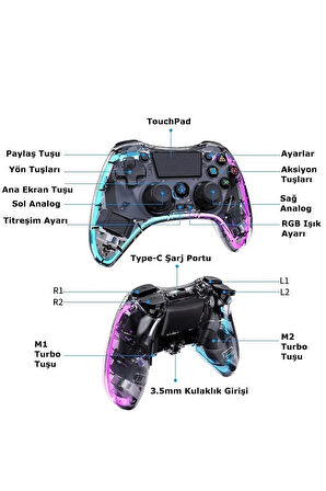 Ps-p05 Rgb Led Işıklı Ps4-ps3-tv-ıos-pc Uyumlu Kablosuz Joystick Gamepad Oyun Kolu