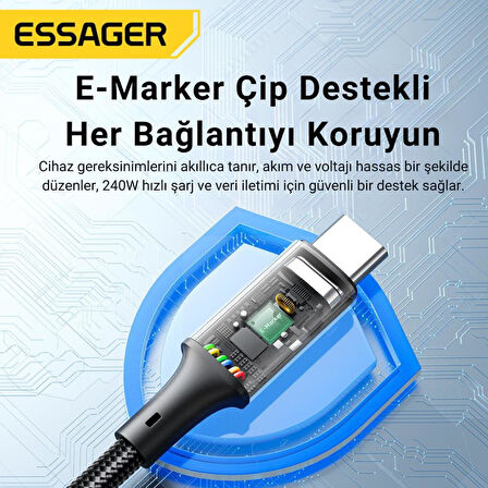 Essager E-Marker Çip 2MT PD3.1 240W Type C Şarj Kablosu 480Mbps Şarj Akım Koruma Kopmaz Kablo 48V/5A