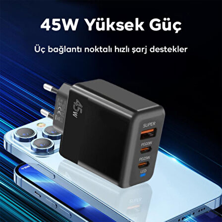 Coofbe Şarj Akım Korumalı QC3.0 PD 45W Şarj Başlığı Hızlı Şarj Adaptörü 3 Çıkışlı 45W Şarj Cihazı