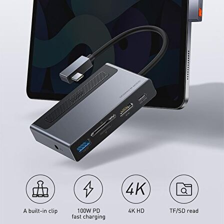 Baseus Magic Çok Fonksiyonlu Klipsli Type-C HUB 6in1 (USB3.0+SD+TF+HDMI+Type-C+3.5mm) Adaptör Çoklay GRİ