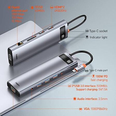 Baseus Metal Gleam 11in1 Multifonksiyonel Type-C Hub Dock Station