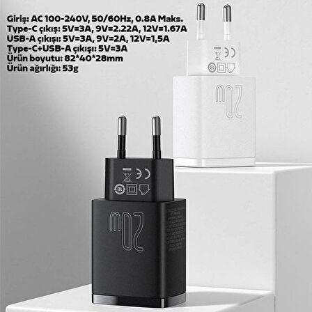 Baseus Super Type-C 20 Watt Hızlı Şarj Aleti Siyah