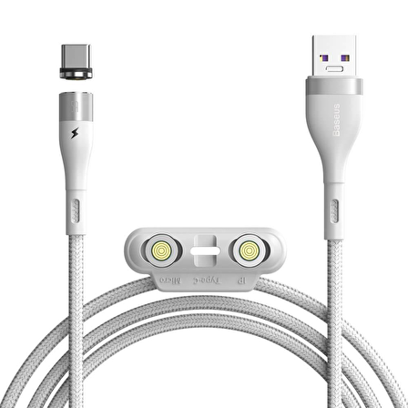 Baseus Zinc Magnetic, Şarj & Data Aktarım Kablosu, 1M, 5A,Micro USB & Lightning & USB Type C, Mıknatıs Uçlu & Işıklı, Hızlı Şarj - Beyaz