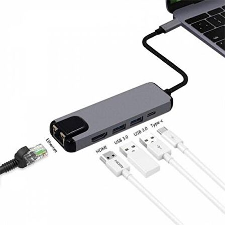 Polham USB 3.1 Type C To HDMI 2xusb 3.0 RJ45 Ethernet Dönüştürücü Adaptör İpad Macbook Dönüştürüc