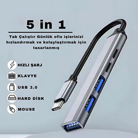Coofbe Akım Korumalı 5in1 Type-c to USB Çevirici Çoğaltıcı USB3.0 USB2.0 2xPD Hub Type-c Çoğaltıcı