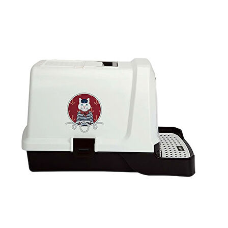 M-Pets Denizci Kedi Desenli Kapalı Kedi Tuvaleti Beyaz 69x42x41 Cm 