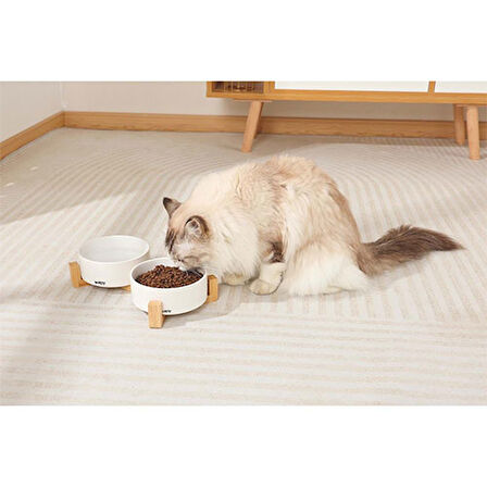 M-Pets Opera Bamboo Standlı Seramik Kedi Mama Kabı Beyaz 2x850 Ml 