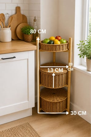 3 Katlı Bambu Rattan Organizer Sepet Mutfak Banyo Salon Düzenleyici Raf Sebzelik Patates Soğanlık