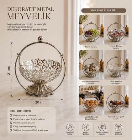 Dekoratif Metal Meyvelik Sepet Gümüş Renk Modern Meyve Sunum Sepeti Şekerlik Dekoratif Masa Aksesuar