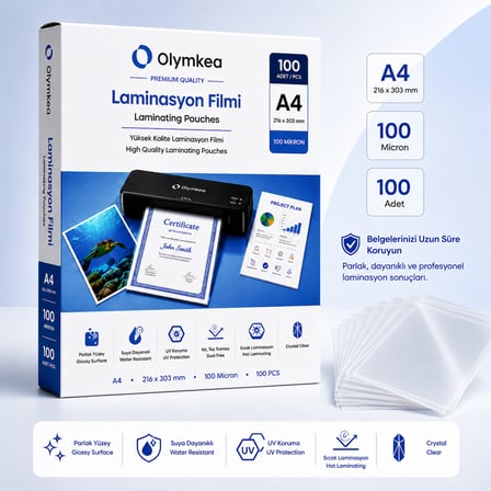 Olymkea A4 Laminasyon Filmi 100 Mikron – 100 Adet | 216 × 303 mm