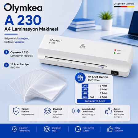 Olymkea A230 A4 Laminasyon Makinası&12 Adet PVC Hediyeli