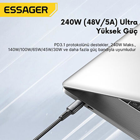 Essager Premıum E-Marker Çipli Akım Korumalı 1Mt PD3.1 240W Type-C to Type-C Şarj Kablosu Data Kablo