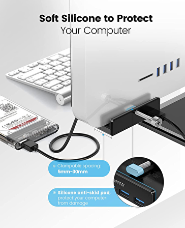 Orico USB 3.0 4 Portlu 5 Gbps Yüksek Hızlı Masa ve Monitör Kenar Kelepçeli Alüminyum Çoklayıcı HUB, MH4PU-BK