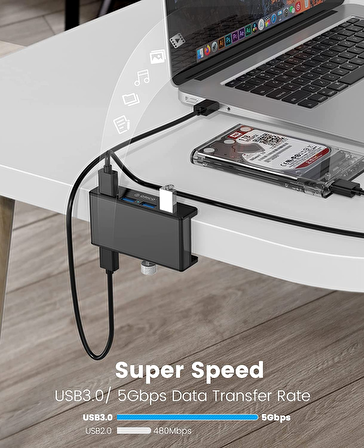 Orico USB 3.0 4 Portlu 5 Gbps Yüksek Hızlı Masa ve Monitör Kenar Kelepçeli Alüminyum Çoklayıcı HUB, MH4PU-BK