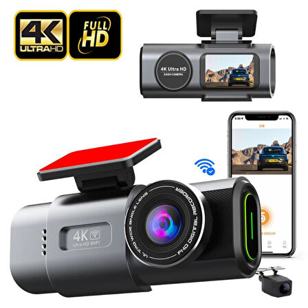 Coofbe GPS Mobil Uygulamalı 4K 170° Geniş Açı Gece Görüşlü Ön Arka Akıllı Araç İçi Kamera Park Modu G-sensor WiFi