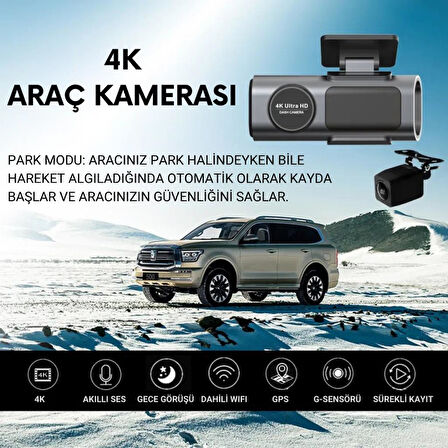 Coofbe GPS Mobil Uygulamalı 4K 170° Geniş Açı Gece Görüşlü Ön Arka Akıllı Araç İçi Kamera Park Modu G-sensor WiFi