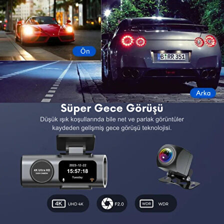 Coofbe GPS Mobil Uygulamalı 4K 170° Geniş Açı Gece Görüşlü Ön Arka Akıllı Araç İçi Kamera Park Modu G-sensor WiFi