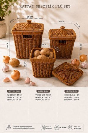 3'lü Kare Patates Soğan Sarımsak Sepeti Seti - Rattan Düzenleyici Kapaklı Sebzelik Soğanlık