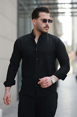 Erkek Siyah Basic %100 Pamuklu Dökümlü Kumaş Uzun Kollu Salaş Gömlek