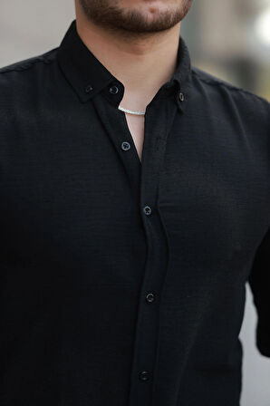 Erkek Siyah Basic %100 Pamuklu Dökümlü Kumaş Uzun Kollu Salaş Gömlek