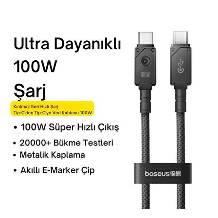 Baseus Led Işıklı E-Marker Çipli Unbreakable Kopmaz Kablo 2Mt Ultra Hızlı 100W Type-C Şarj Kablosu