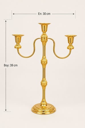 3 Kollu Çelik Şamdan Gold Renk Ayaklı Dekoratif Mumluk 39 x 30 cm