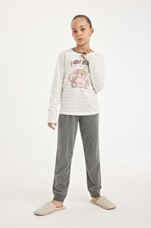DeFacto Kız Çocuk Pijama Takımı Ayı Baskılı Uzun Kollu Üst Uzun Alt D2115A824AUGR379