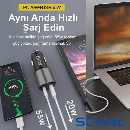 ScHitec Usb-A 55W / PD20W Çift Çıkışlı Süper Hızlı Araç Şarj Aleti Başlığı OT704