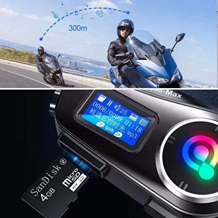 BUFFER®Motorsikletler İçin Fener Özellikli SD Kart Bölümlü LCD Ekranlı Kablosuz Bluetooth Kulaklıklı