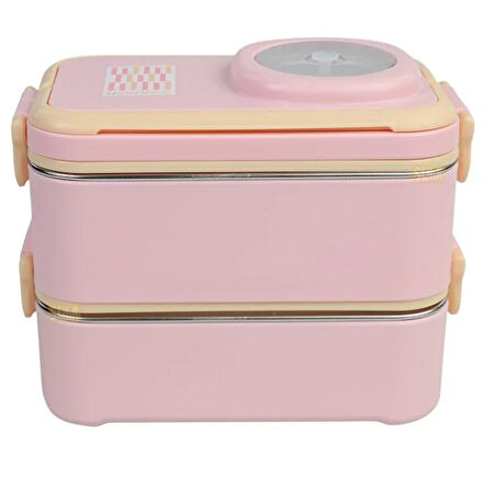 Vagonlife 8023 1200ml 2 Katlı 4 Bölmeli Pembe Çelik Saklama Kabı
