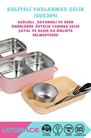 Vagonlife 8023 1200ml 2 Katlı 4 Bölmeli Pembe Çelik Saklama Kabı