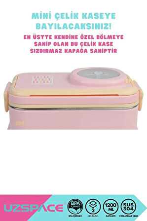 Vagonlife 8023 1200ml 2 Katlı 4 Bölmeli Pembe Çelik Saklama Kabı