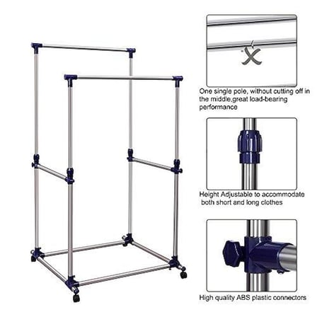 Çift Çubuklu Giysi Askısı, Tekerlekli Giysi Askısı, Mavi ULLR03B - OUTLET