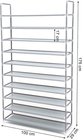 Songmics 10 Katlı Ayakkabı Rafı, 100x29x175 CM, Gri, LSR10G